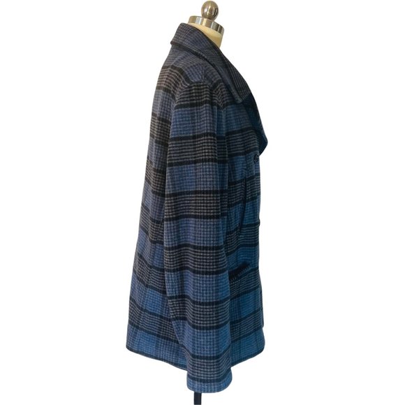 J Crew Blue Black Plaid Jacket Peacoat Wool Blend Button LS Lined sz L $365 EUC - Picture 3 of 8